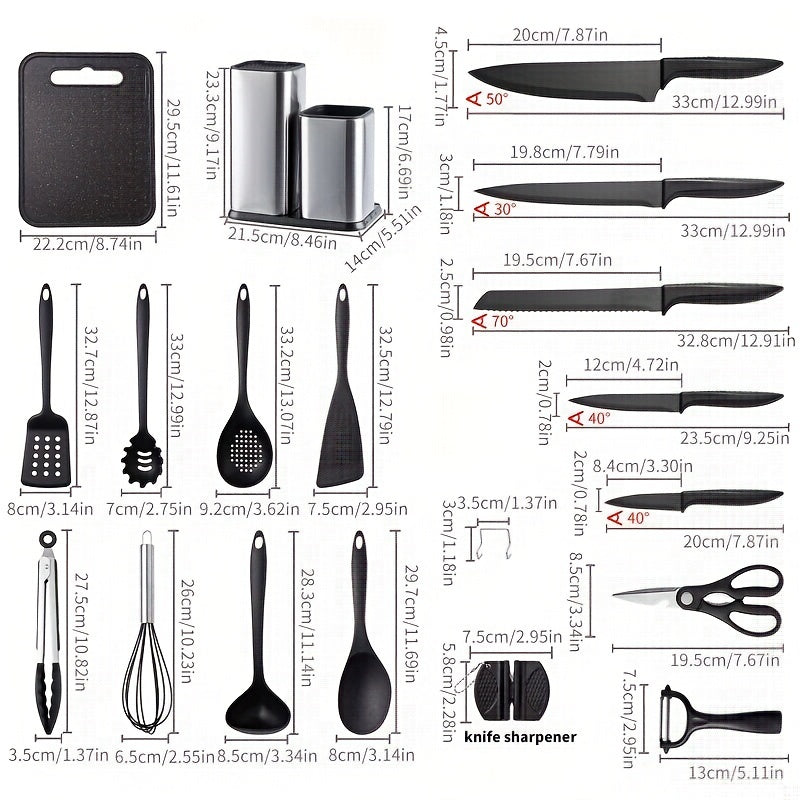 Kitchen Knife Silicone Kitchenware 19-piece Set, Black Titanium Plated High Carbon Steel Knife Set, Scissors, Cutting Board, Paring Knife, Stainless Steel Knife Holder, Knife Sharpener, Suitable For Kitchen And Restaurant, Dishwasher Safe