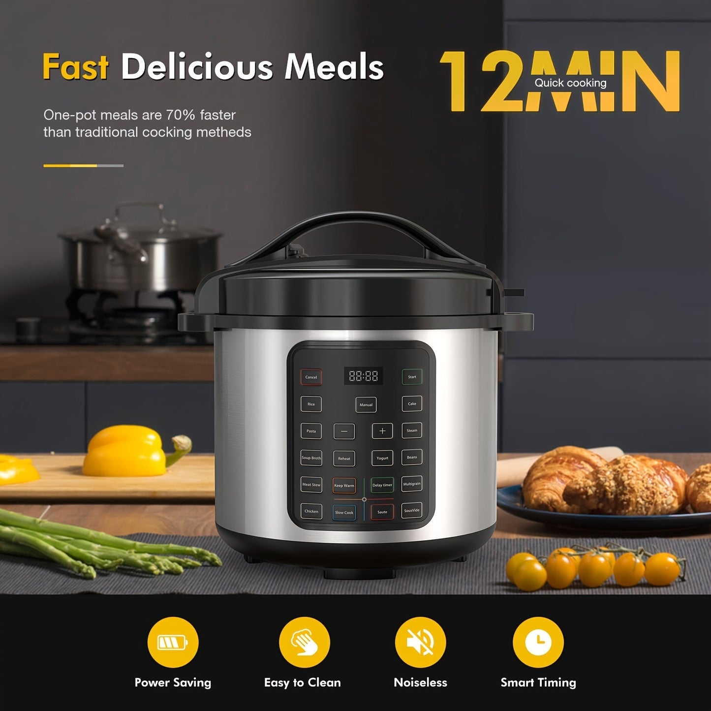 12-In-1 Electric Pressure Cooker 6 Quart, Slow Cook Rice Cooker with Safer Venting Design and Heating Protector, Steamer, Sauté, Yogurt Maker, Warmer & Sterilizer, Dishwasher Safe, Includes App with Over 800 Recipes, 1000W Stainless Steel