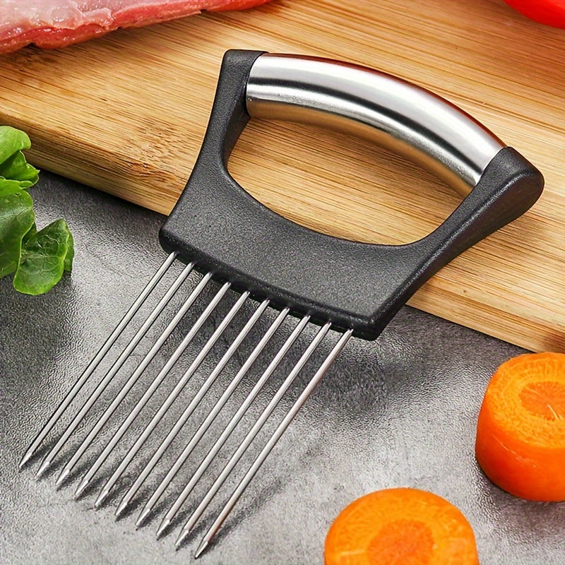 [Vegetable Preparation] Stainless Steel Onion Slicer Holder with Black Handle - Easy-Grip Vegetable Cutter & Meat Chopper for Perfect Potato, Tomato, and Garlic Slices - Essential Kitchen Tool for Home Cooking, Vegetable Slicer And Chopper