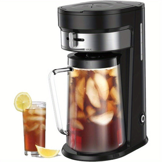 Stainless Steel Iced Tea & Coffee Maker with 2.5-quart Glass Pitcher - Customizable Brew Strength, Food-Safe, for Hot & Cold Beverages, Sleek Black Design