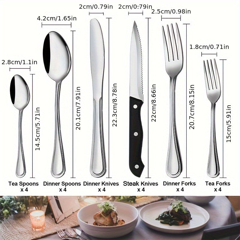 24pcs Silverware Set for 4, Stainless Steel Flatware Cutlery Set with Steak Knives, Stain Finish Kitchen Utensil Tableware Set, Includes Spoons Forks Knives for Home Hotel, Dishwasher Safe