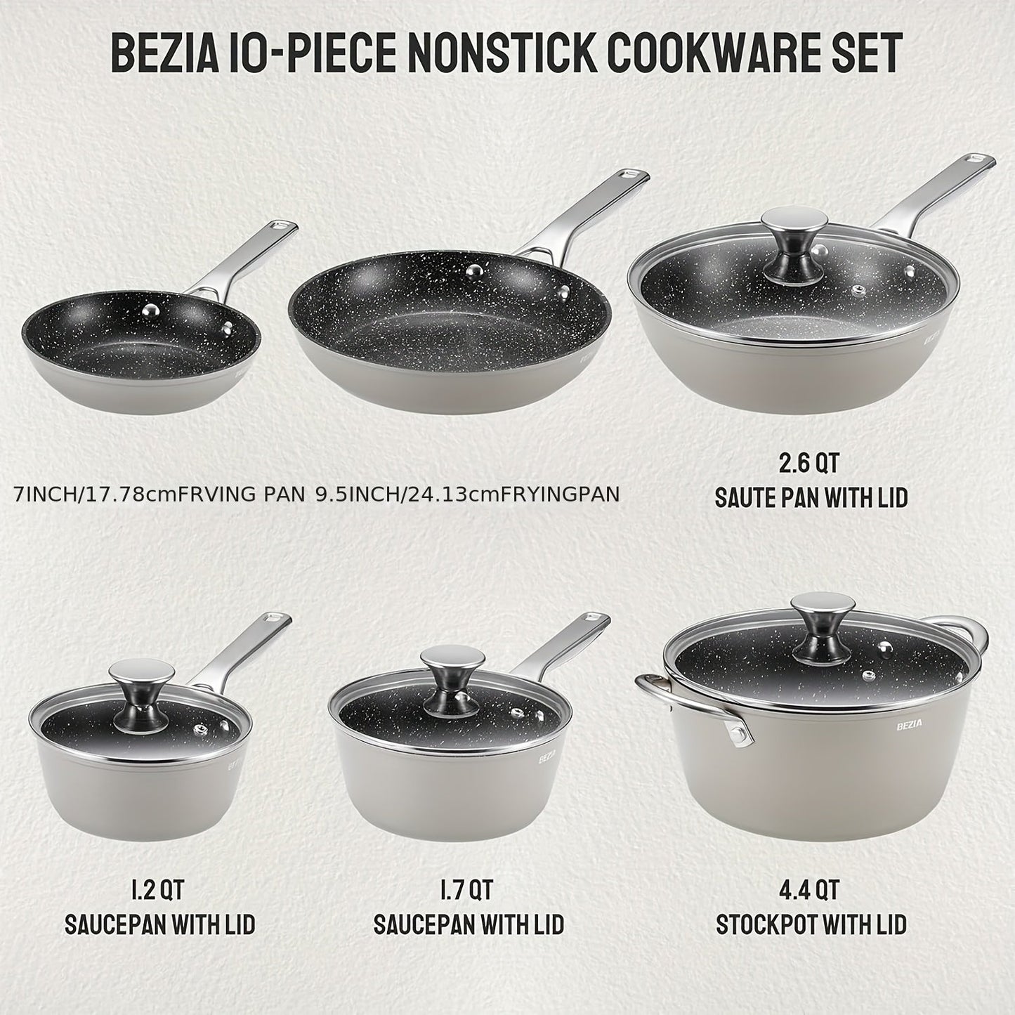 10pcs Nonstick Cookware Set - Aluminum Induction Compatible - Includes Frying Pans, Saucepans & Stockpot With Lids - All Stove Compatible, Dishwasher Safe - Grey - For Home Cooks & Families - Perfect for Everyday Cooking & Gifting