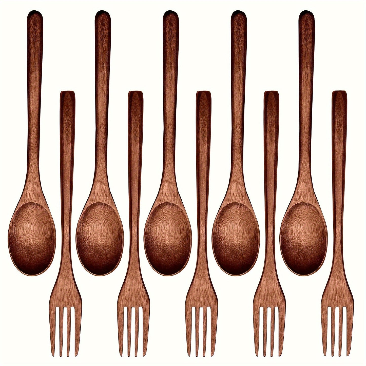 10pcs Premium Japanese Wooden Utensil Set - Handcrafted Natural Hardwood Spoons and Forks, Reusable Flatware for Eating, Cooking & Stirring - High-Quality Kitchen Essentials