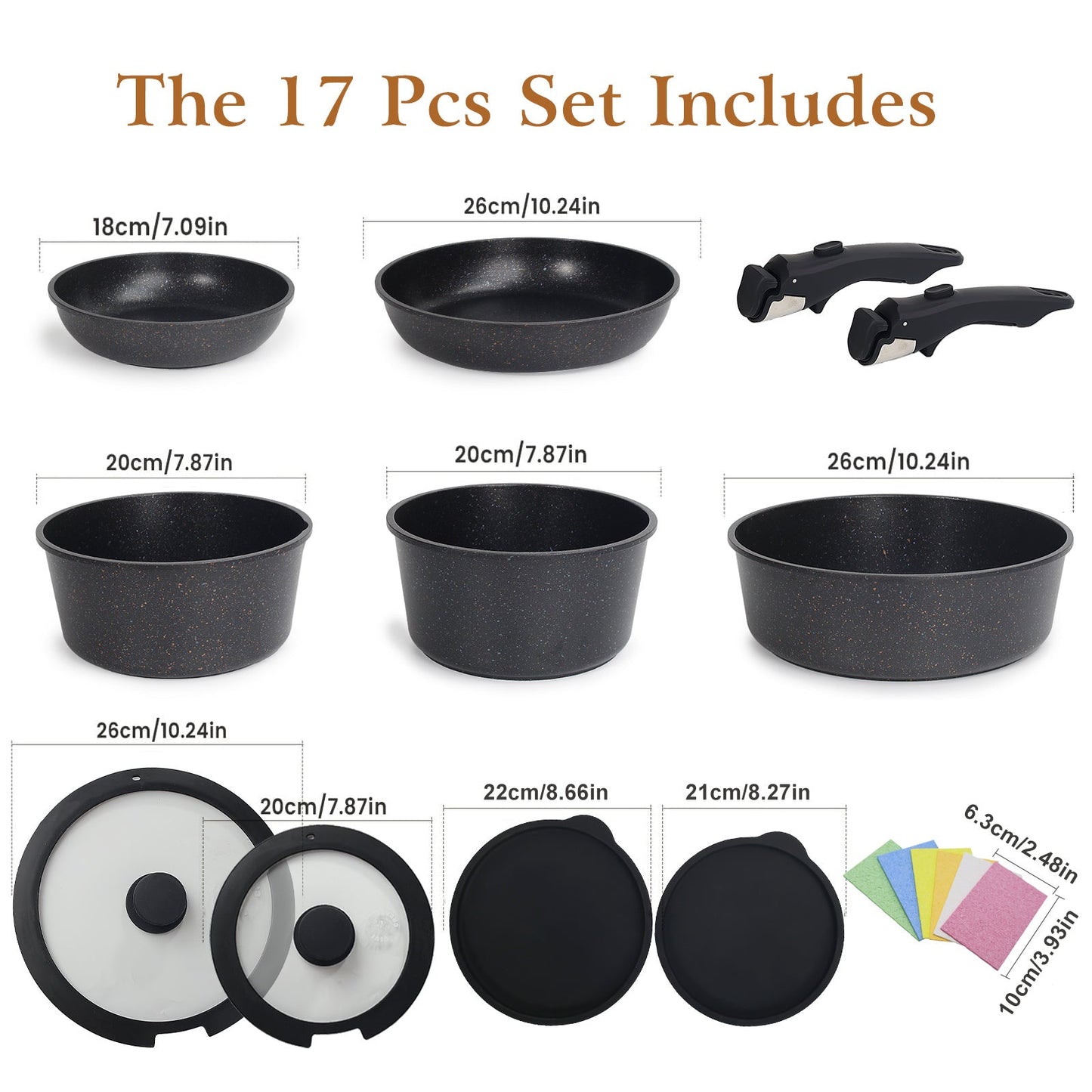 19Pcs Pots Pans and Dishcloths Set Non Stick, Cookware Sets with Detachable Handle, Nonstick Outdoor Kitchen Cooking Set Removable Handles, Oven Safe, Induction Fast, Stackable Non-stick Set, Black