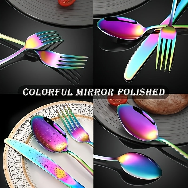 20pcs Rainbow Silverware Set, Stainless Steel Flatware Set, Kitchen Tableware Set, Home And Restaurant Tableware Set, Knife, And Spoon Set, Mirror Polished, Dishwasher Safe