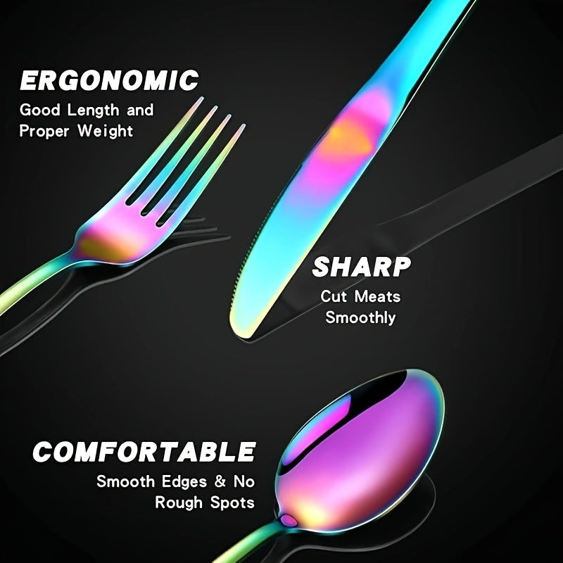 20pcs Rainbow Silverware Set, Stainless Steel Flatware Set, Kitchen Tableware Set, Home And Restaurant Tableware Set, Knife, And Spoon Set, Mirror Polished, Dishwasher Safe