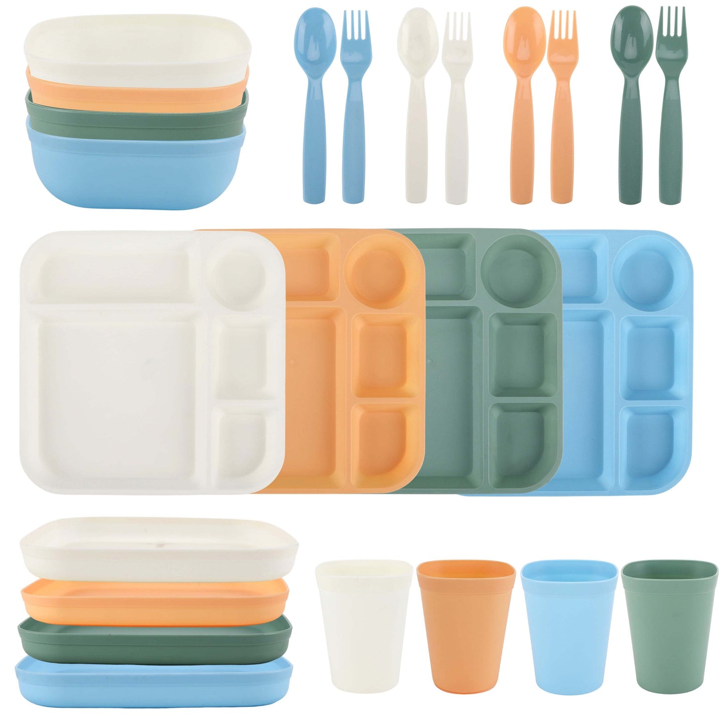 24pcs Square Plastic Cutlery Set, 4 Each Trays, Bowls, Plates, Cups, Forks And Spoons