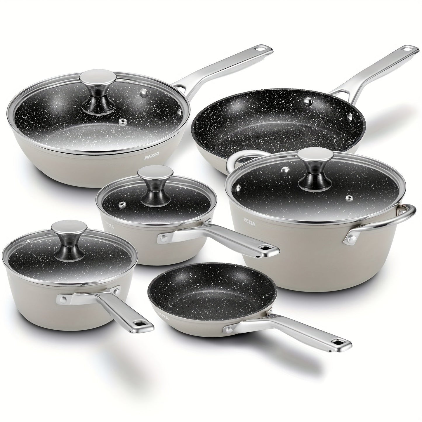 10pcs Nonstick Cookware Set - Aluminum Induction Compatible - Includes Frying Pans, Saucepans & Stockpot With Lids - All Stove Compatible, Dishwasher Safe - Grey - For Home Cooks & Families - Perfect for Everyday Cooking & Gifting