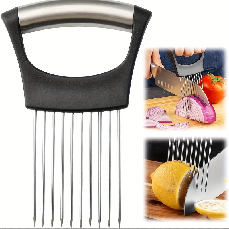 [Vegetable Preparation] Stainless Steel Onion Slicer Holder with Black Handle - Easy-Grip Vegetable Cutter & Meat Chopper for Perfect Potato, Tomato, and Garlic Slices - Essential Kitchen Tool for Home Cooking, Vegetable Slicer And Chopper