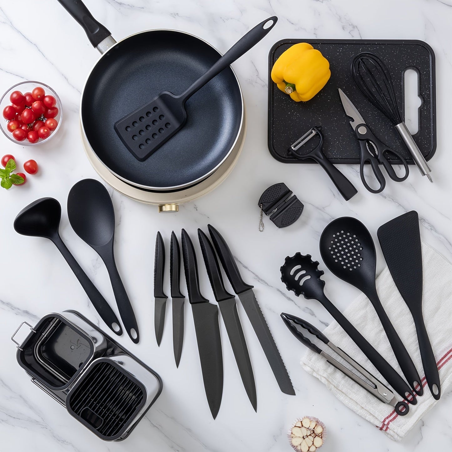 Kitchen Knife Silicone Kitchenware 19-piece Set, Black Titanium Plated High Carbon Steel Knife Set, Scissors, Cutting Board, Paring Knife, Stainless Steel Knife Holder, Knife Sharpener, Suitable For Kitchen And Restaurant, Dishwasher Safe