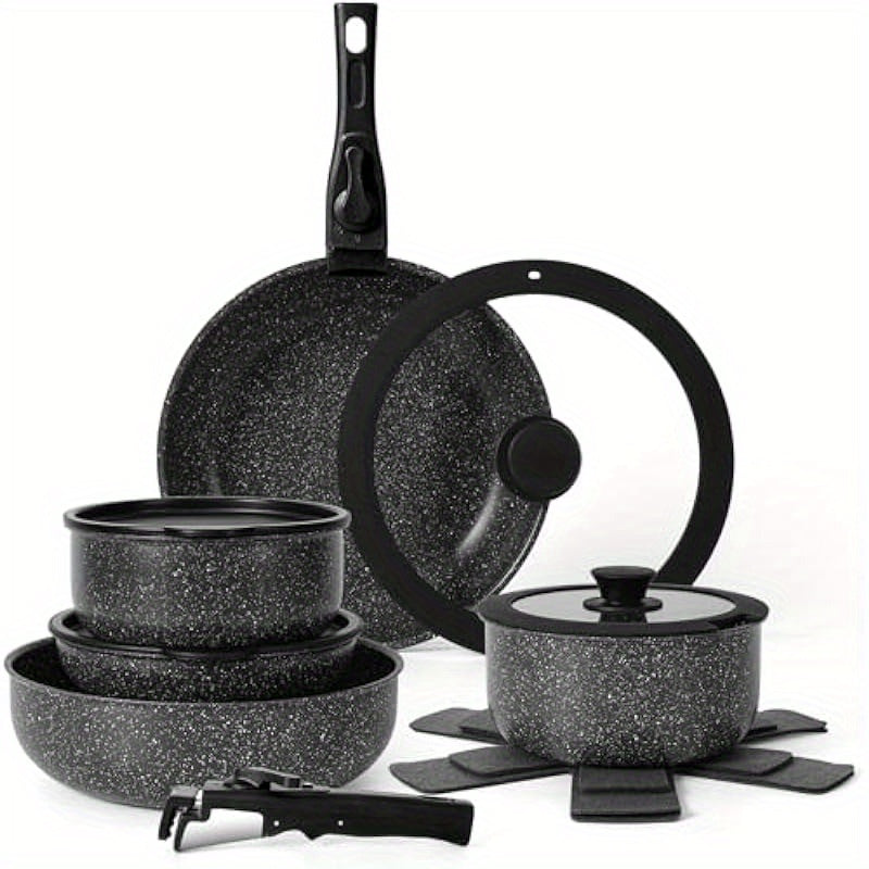 15pcs Pots and Pans Set Non Stick Cookware Sets with Detachable Handle Nonstick RV Kitchen Cooking Set Removable Handles Oven Safe Induction Fast Stackable Non-stick Set Black