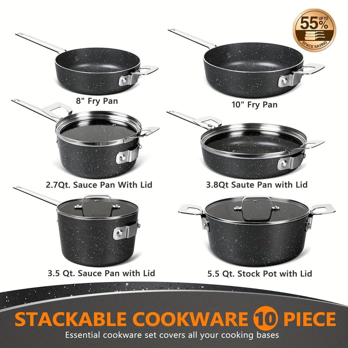 10pcs/set Stackable Pots And Pans Set, Nonstick Cookware Set With Stackable Design Saves 55% More Space, Non-Toxic Stackable Cookware Set With Nonstick Stone Coatings, For Home Kitchen And Restaurant, Home Supplies