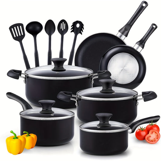 15pcs Nonstick Cookware Set, Basics Pots And Pans Cooking, Black