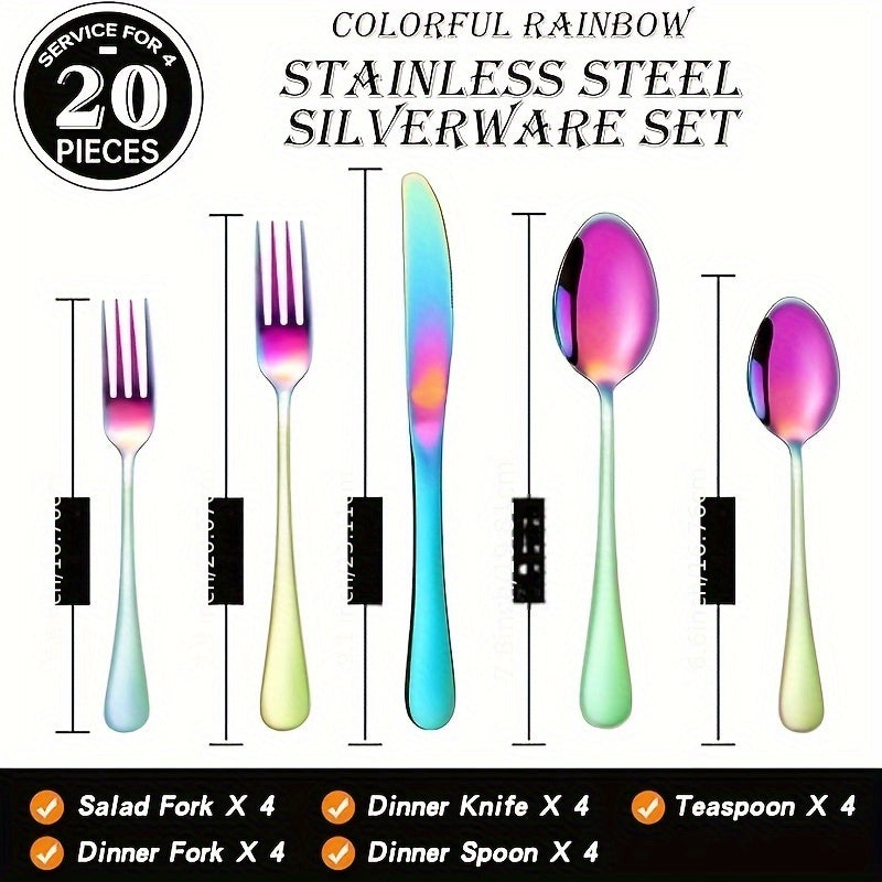 20pcs Rainbow Silverware Set, Stainless Steel Flatware Set, Kitchen Tableware Set, Home And Restaurant Tableware Set, Knife, And Spoon Set, Mirror Polished, Dishwasher Safe