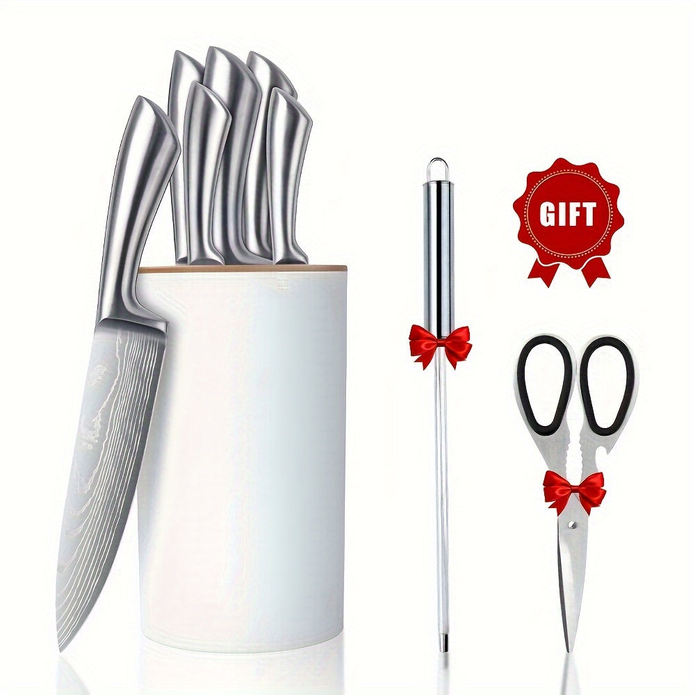 8PCS Minimalist Style Kitchen Knife Set, Super Sharp And Durable, Equipped With Universal Cylindrical Knife Holder, Chef Knife, Bread Knife, Utility Knife, Integrated Knife Body, All Stainless Steel, Free Kitchen Scissors And Knife Sharpener