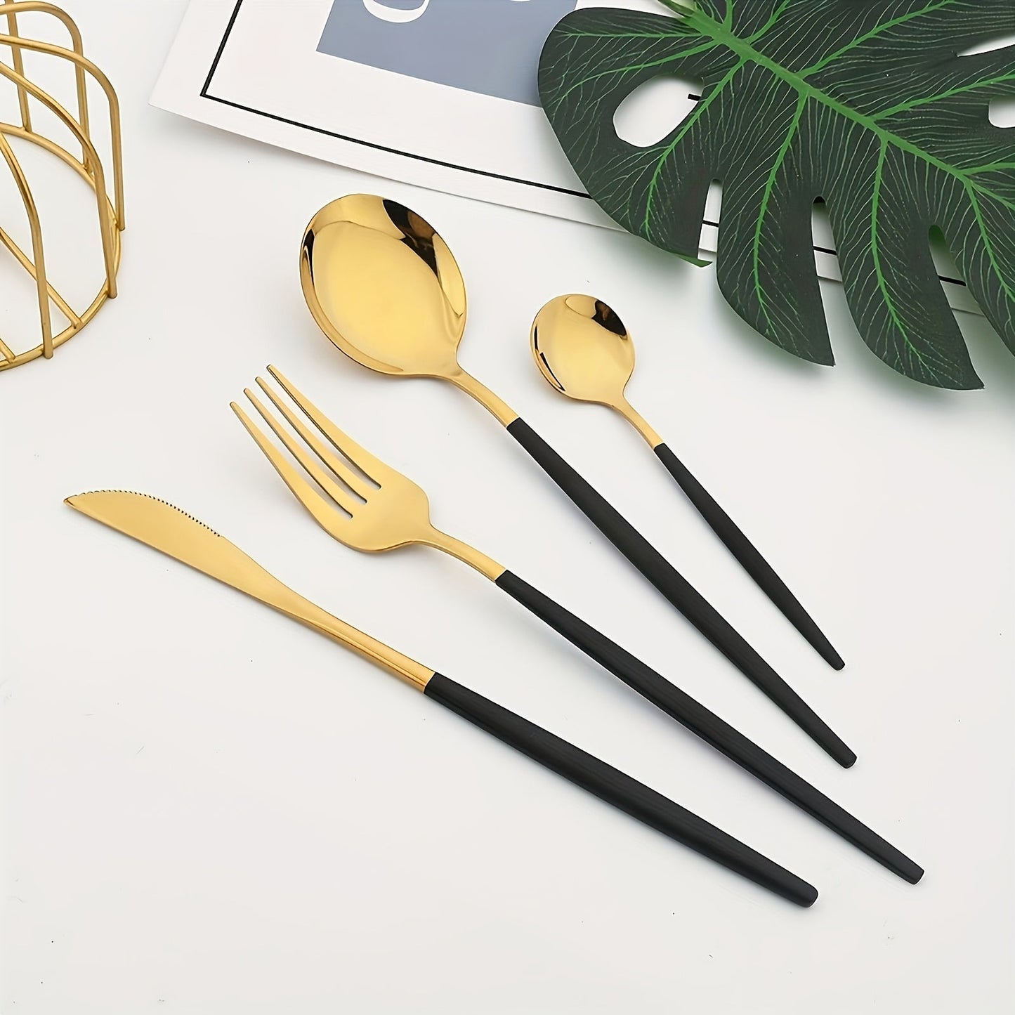 24pcs/set, 6-person Black And Gold Stainless Steel Cutlery Set, Including 6 Spoons, 6 Forks, 6 Knives And 6 Teaspoons, Suitable for Home And Restaurant Use, Dishwasher-safe, High-grade Steak Knife, Fork And Spoon for Weddings, Birthday Parties