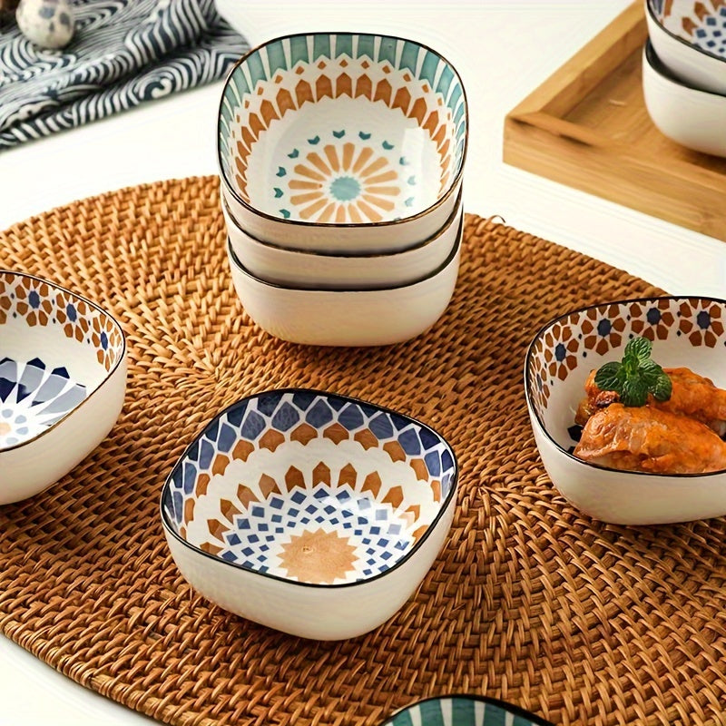 Bohemian Style Ceramic Bowl Set of 6, 6.8 Oz Exquisite And Compact Spice Bowls, Heat-Resistant And Microwave-Safe, Suitable for Salad, Sushi, Fruit, Seasoning, Appetizers, And for Use in Kitchens, Restaurants, And Sushi Shops