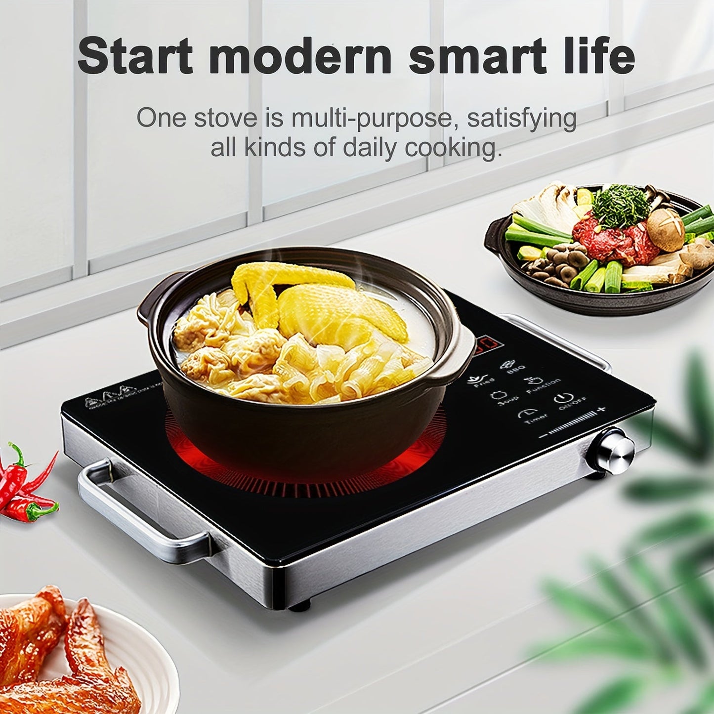 Compact 2200W Electric Ceramic Stove - Portable Infrared Induction Cooker with Adjustable Temperature, Touch Screen & Knob Controls, 3-Hour Timer - Stainless Steel, Dual Voltage (110V/220V)