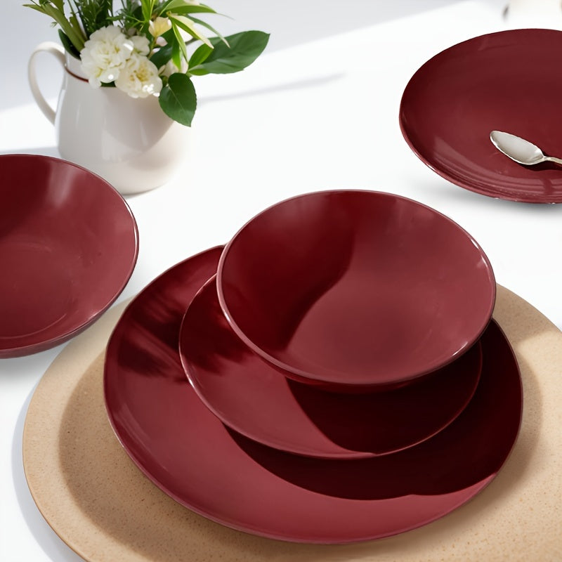 18pcs Dinnerware Set - Red Stoneware Tableware - Plates And Bowls - For Home, Kitchen, Restaurant, Hotel - Perfect for Everyday Dining & Entertaining - Great Gift for Housewarming & New Home