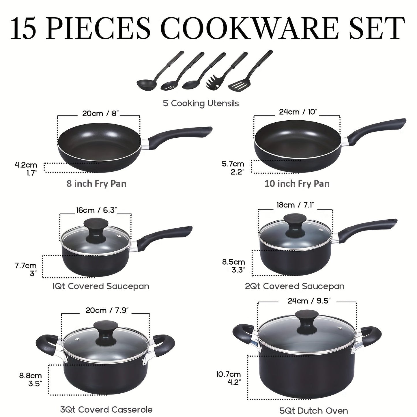 15pcs Nonstick Cookware Set, Basics Pots And Pans Cooking, Black