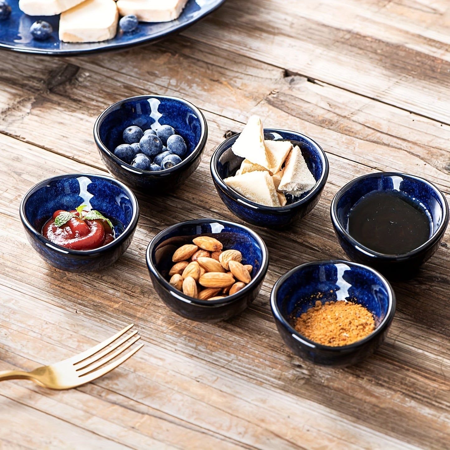 6 Pieces,  Ceramic Dipping Bowls - Small Dipping Cups Cooking Prep Condiments Oil Dish Mini Snack Plates for Soy Sauce Sushi Salsa Wasabi Desserts - Blue