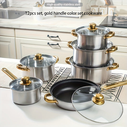 12pcs Stainless Steel Cookware Set, (6 Pots + 6 Lids) Kitchen Cooking Set With Golden Handles, Heat Resistant Frying Pan, Suitable For All Stoves