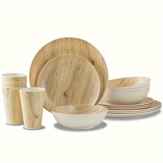 16 Pcs Melamine Dinnerware Set Service For 4, Woodland Melamine Plates Set With Bowls And Cups, Non-breakable Lightweight Dining Tableware Indoor And Outdoor Use, Dishwasher Safe, Wood Grain