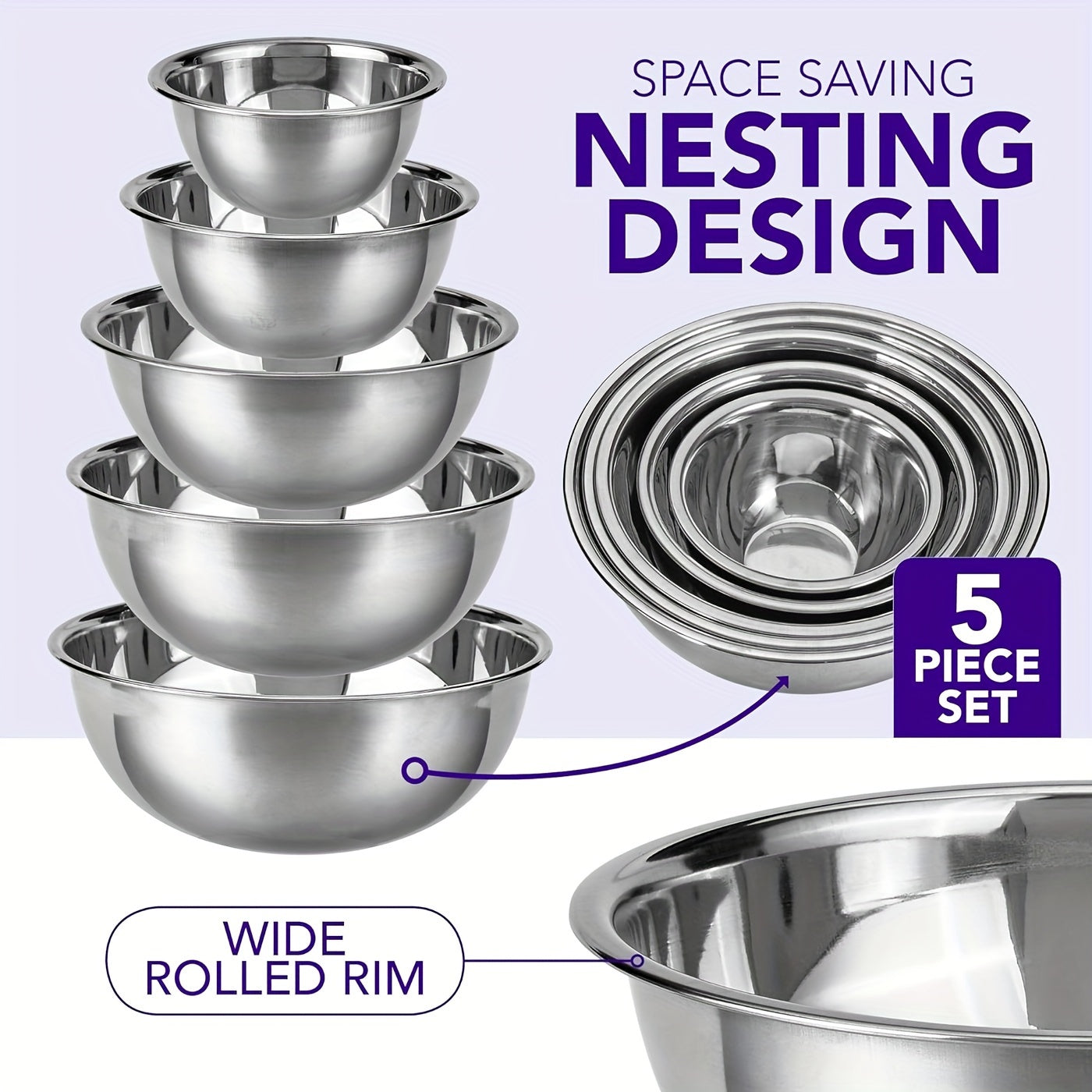 Non-Slip Stainless Steel Mixing Bowls Set - Perfect For Kitchen Cooking And Baking - Nesting Design For Easy Storage