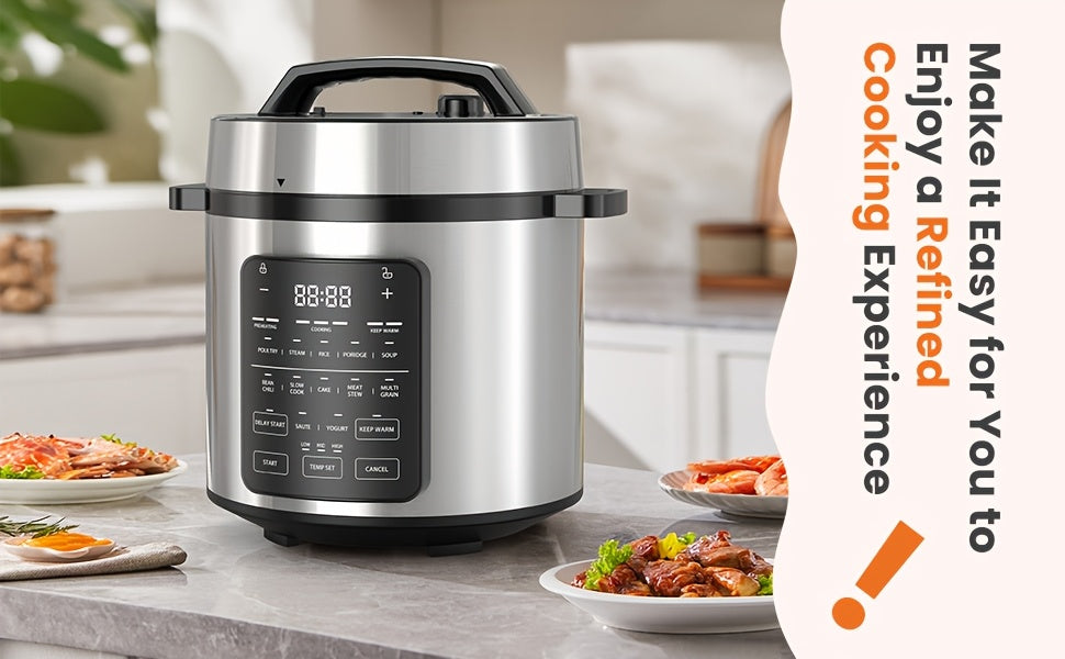 12-In-1 Electric Pressure Cooker 6 Quart, Slow Cook Rice Cooker with Safer Venting Design and Heating Protector, Steamer, Sauté, Yogurt Maker, Warmer & Sterilizer, Dishwasher Safe, Includes App with Over 800 Recipes, 1000W Stainless Steel