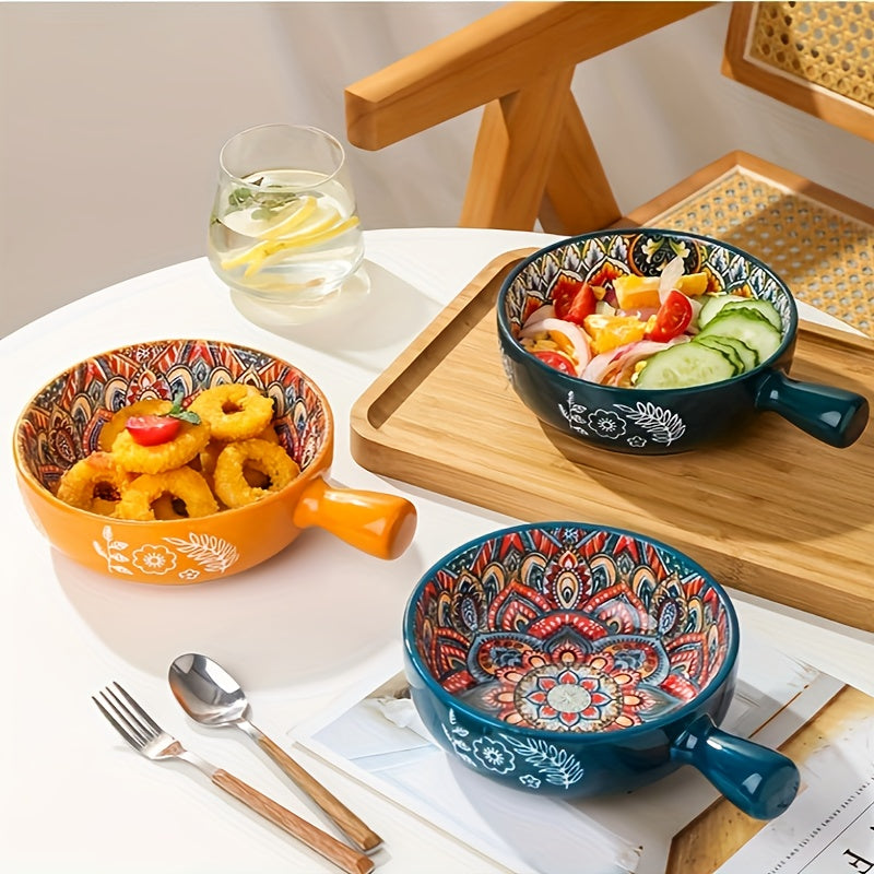 4-pack Boho Handle Bowl, Ceramic Salad Bowl With Mixed Colors, Hand-painted Bowl, 6-inch Round Dessert Bowl - A Great Addition To The Furniture Kitchen, Perfect As A Gift For Family, Colleagues, Friends, Etc. Microwave, Dishwasher Safe.