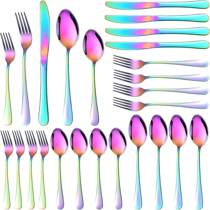 20pcs Rainbow Silverware Set, Stainless Steel Flatware Set, Kitchen Tableware Set, Home And Restaurant Tableware Set, Knife, And Spoon Set, Mirror Polished, Dishwasher Safe