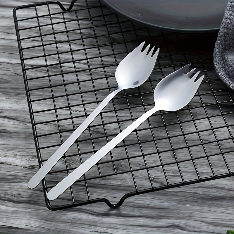 12pc Stainless Steel Cutlery Set: Multifunctional Long Handled Fork And Spoon Integrated, Perfect For Family And Student Dining -400 Series Stainless Steel