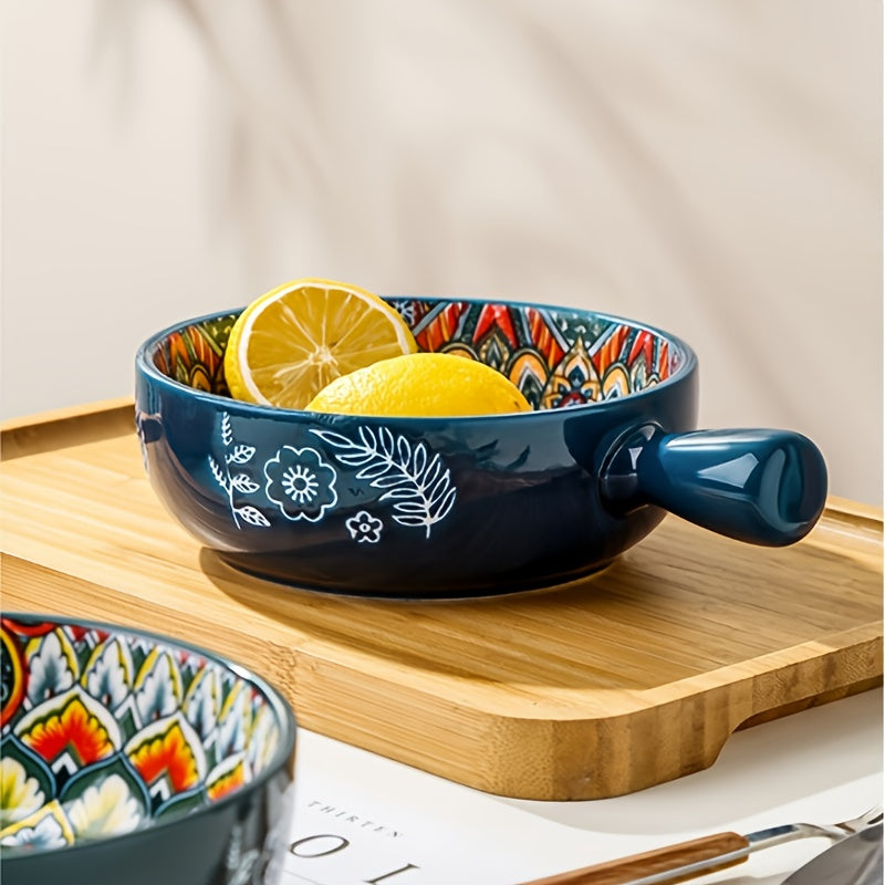 4-pack Boho Handle Bowl, Ceramic Salad Bowl With Mixed Colors, Hand-painted Bowl, 6-inch Round Dessert Bowl - A Great Addition To The Furniture Kitchen, Perfect As A Gift For Family, Colleagues, Friends, Etc. Microwave, Dishwasher Safe.