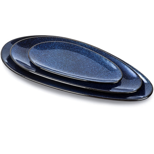 Large Oval Serving Platters, 16"/14"/10" Porcelain Serving Platters for Party, BBQ, Stackable Serving Trays Serving Plates for Appetizers, Sushi, Restaurant, Dessert, Set Of 3 (Blue)