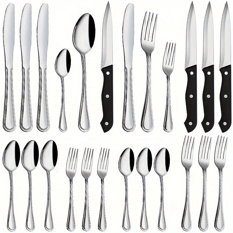 24pcs Silverware Set for 4, Stainless Steel Flatware Cutlery Set with Steak Knives, Stain Finish Kitchen Utensil Tableware Set, Includes Spoons Forks Knives for Home Hotel, Dishwasher Safe