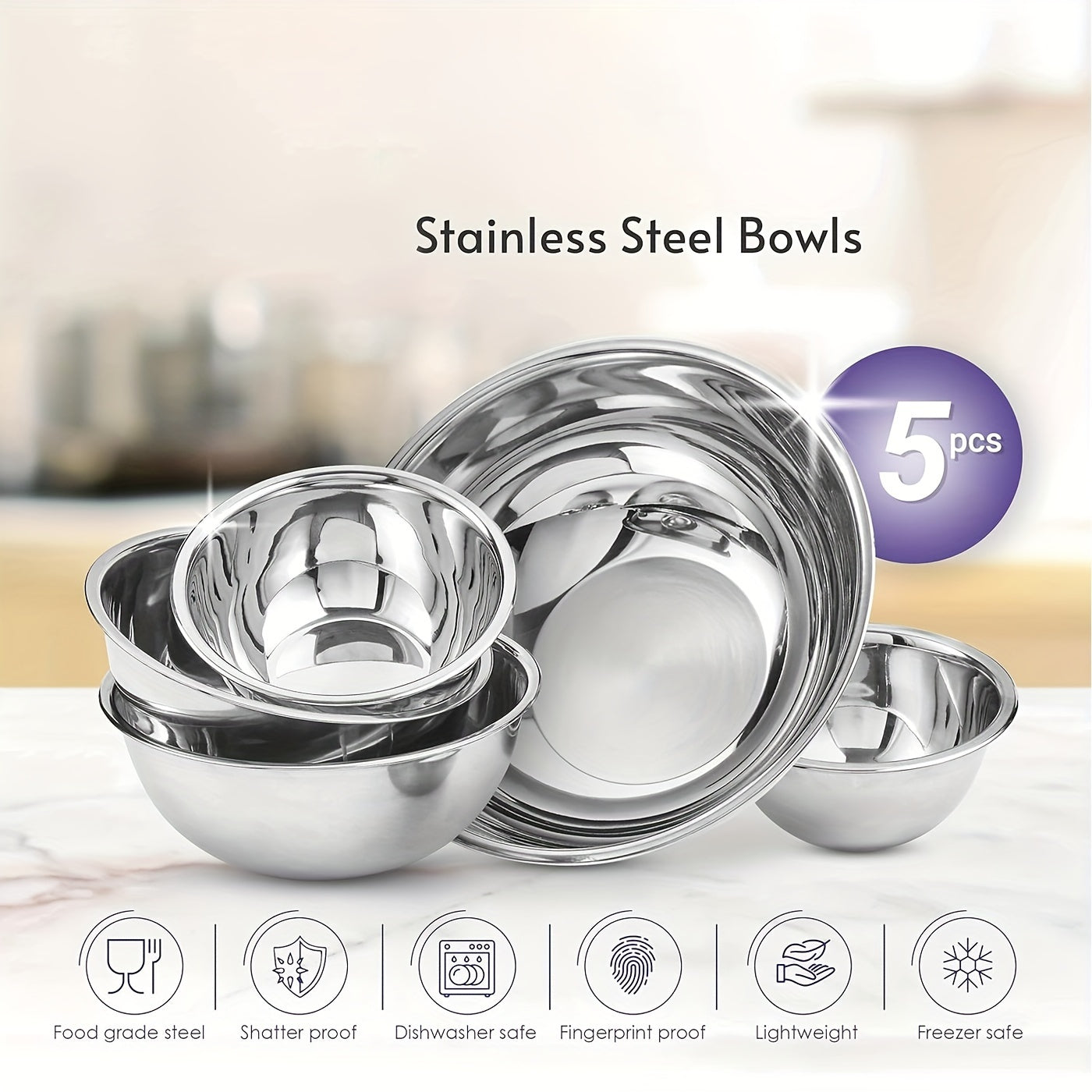 Non-Slip Stainless Steel Mixing Bowls Set - Perfect For Kitchen Cooking And Baking - Nesting Design For Easy Storage