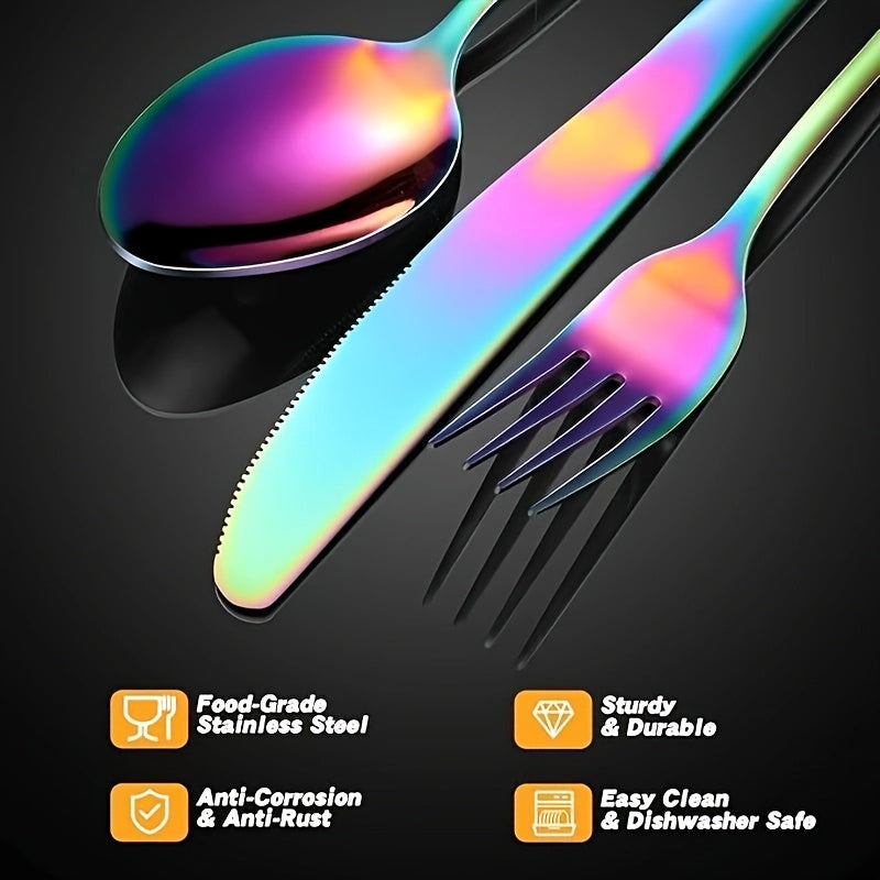 20pcs Rainbow Silverware Set, Stainless Steel Flatware Set, Kitchen Tableware Set, Home And Restaurant Tableware Set, Knife, And Spoon Set, Mirror Polished, Dishwasher Safe