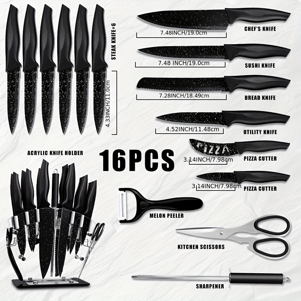 16pcs High Carbon Stainless Steel Sharp Includes Serrated Steak Knife Set, Chef'S Knife Set With Blocks, Bread Knife, Scissors, Sharpening Rod, -in-one, A Perfect Gift For Friends!