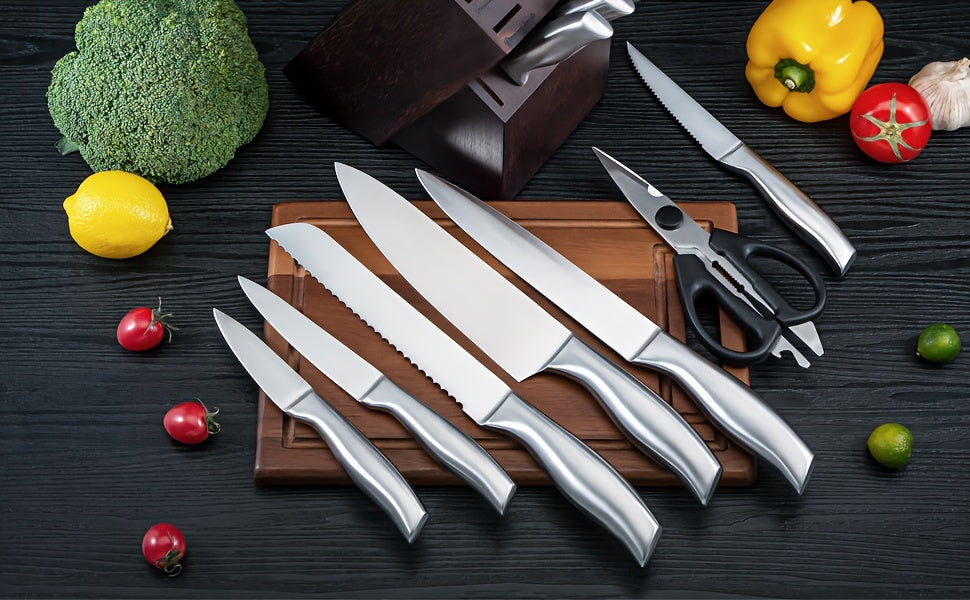 A 14-piece Knife Set With A Sharpener - Made Of German Stainless Steel, Featuring Serrated Steak Knives And Dishwasher-safe Kitchen Knives With Built-in Sharpener (premium Silvery)